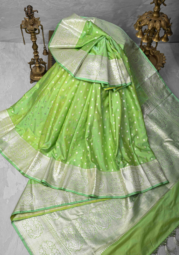 Tea Green Mashru Silk Saree with Chunri Buttis and Zari Border | SILK MARK CERTIFIED