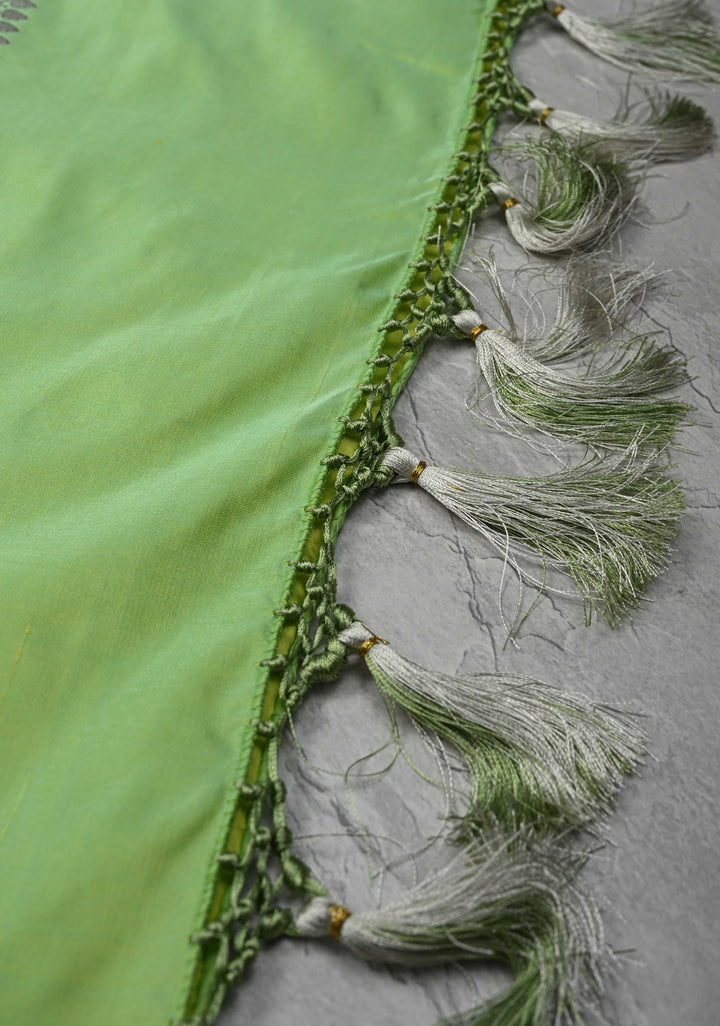 Tea Green Mashru Silk Saree with Chunri Buttis and Zari Border | SILK MARK CERTIFIED
