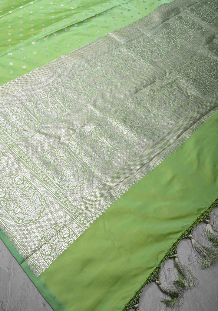 Tea Green Mashru Silk Saree with Chunri Buttis and Zari Border | SILK MARK CERTIFIED