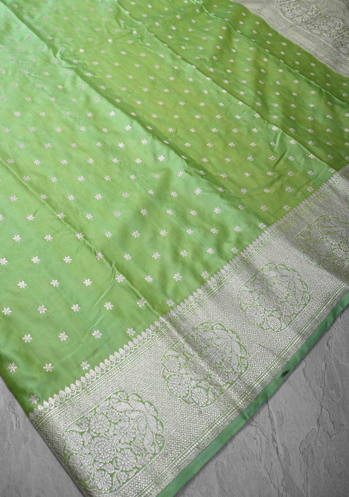 Tea Green Mashru Silk Saree with Chunri Buttis and Zari Border | SILK MARK CERTIFIED