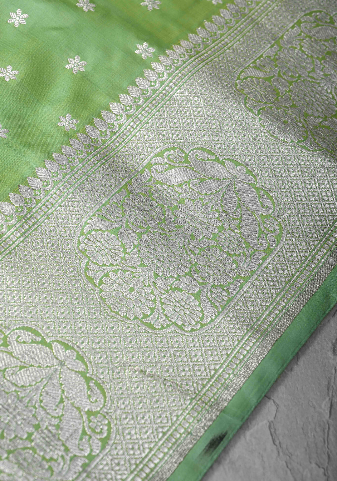 Tea Green Mashru Silk Saree with Chunri Buttis and Zari Border | SILK MARK CERTIFIED