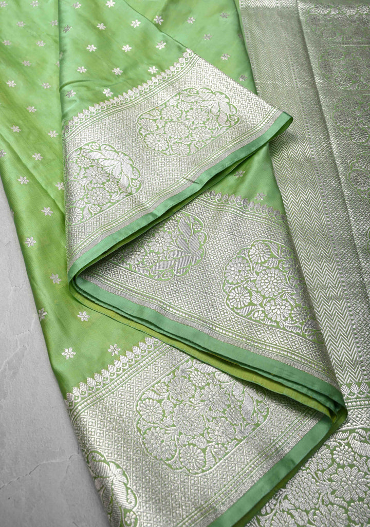 Tea Green Mashru Silk Saree with Chunri Buttis and Zari Border | SILK MARK CERTIFIED