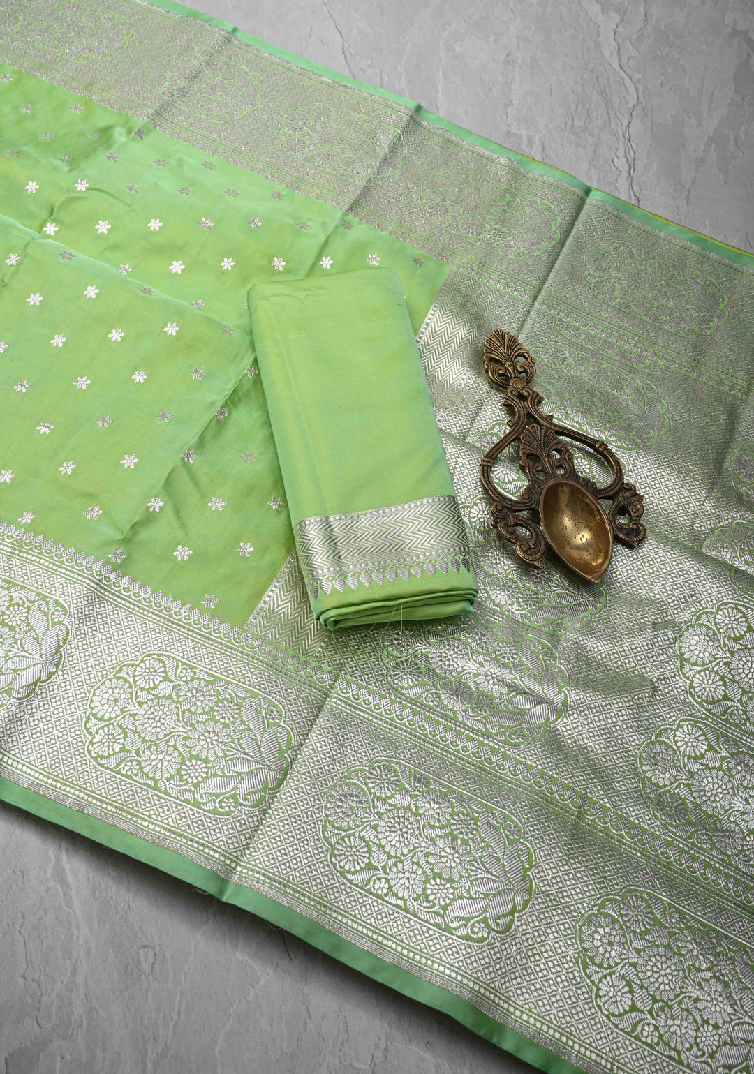 Tea Green Mashru Silk Saree with Chunri Buttis and Zari Border | SILK MARK CERTIFIED