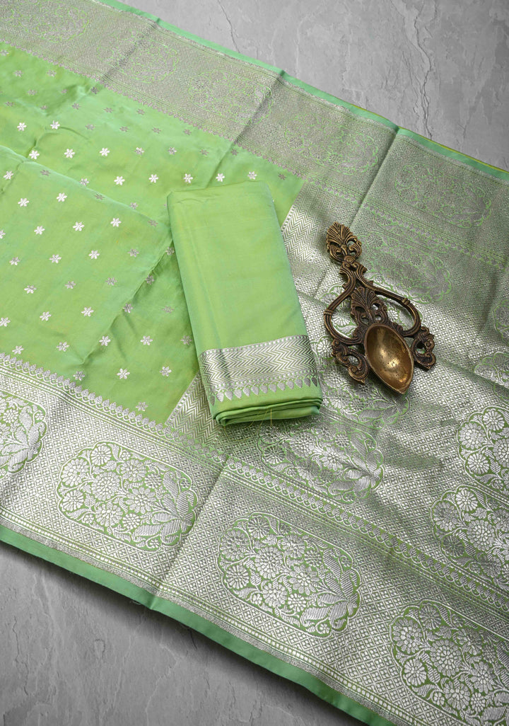 Tea Green Mashru Silk Saree with Chunri Buttis and Zari Border | SILK MARK CERTIFIED