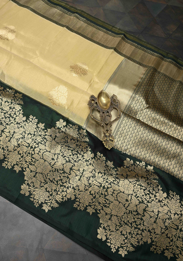 Cream Banarasi Katan Tissue Silk Saree with Zari Buttas and Contrast Wide Floral Kadhiyal Border | SILK MARK CERTIFIED