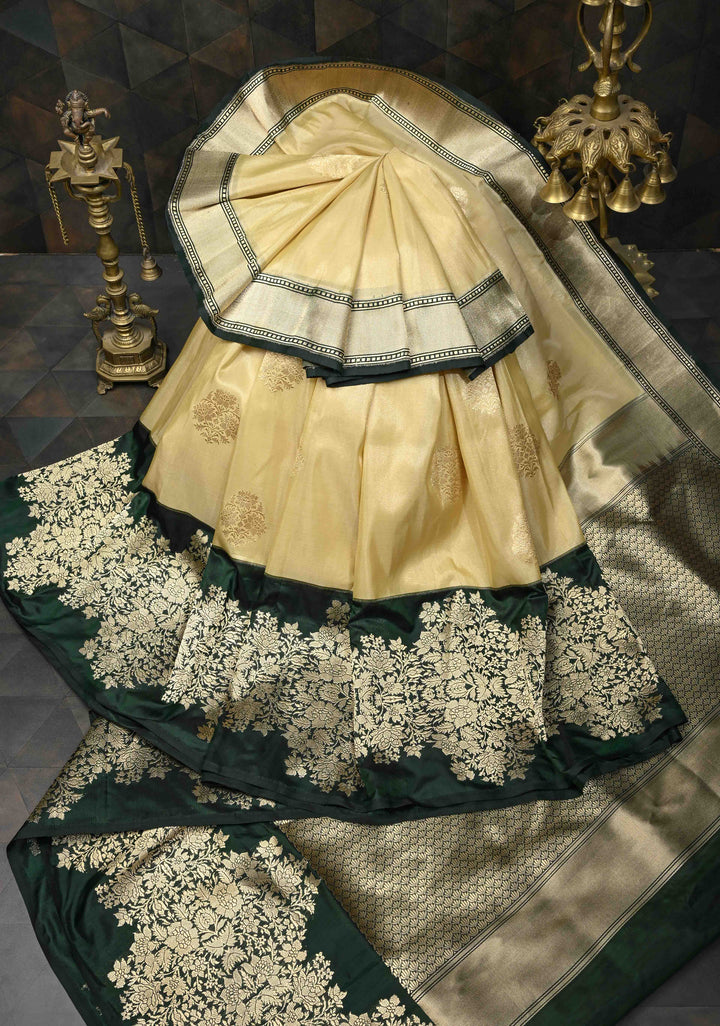 Cream Banarasi Katan Tissue Silk Saree with Zari Buttas and Contrast Wide Floral Kadhiyal Border | SILK MARK CERTIFIED