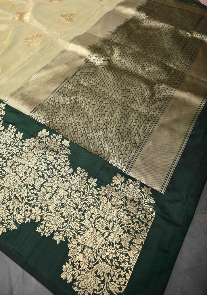 Cream Banarasi Katan Tissue Silk Saree with Zari Buttas and Contrast Wide Floral Kadhiyal Border | SILK MARK CERTIFIED