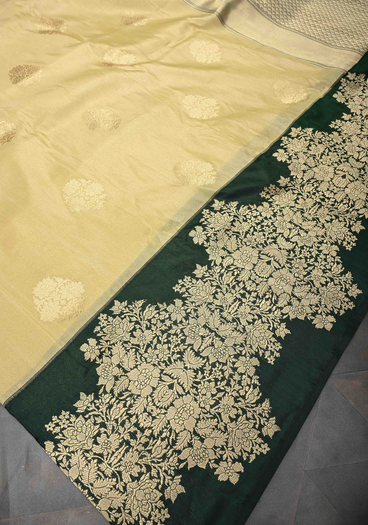 Cream Banarasi Katan Tissue Silk Saree with Zari Buttas and Contrast Wide Floral Kadhiyal Border | SILK MARK CERTIFIED