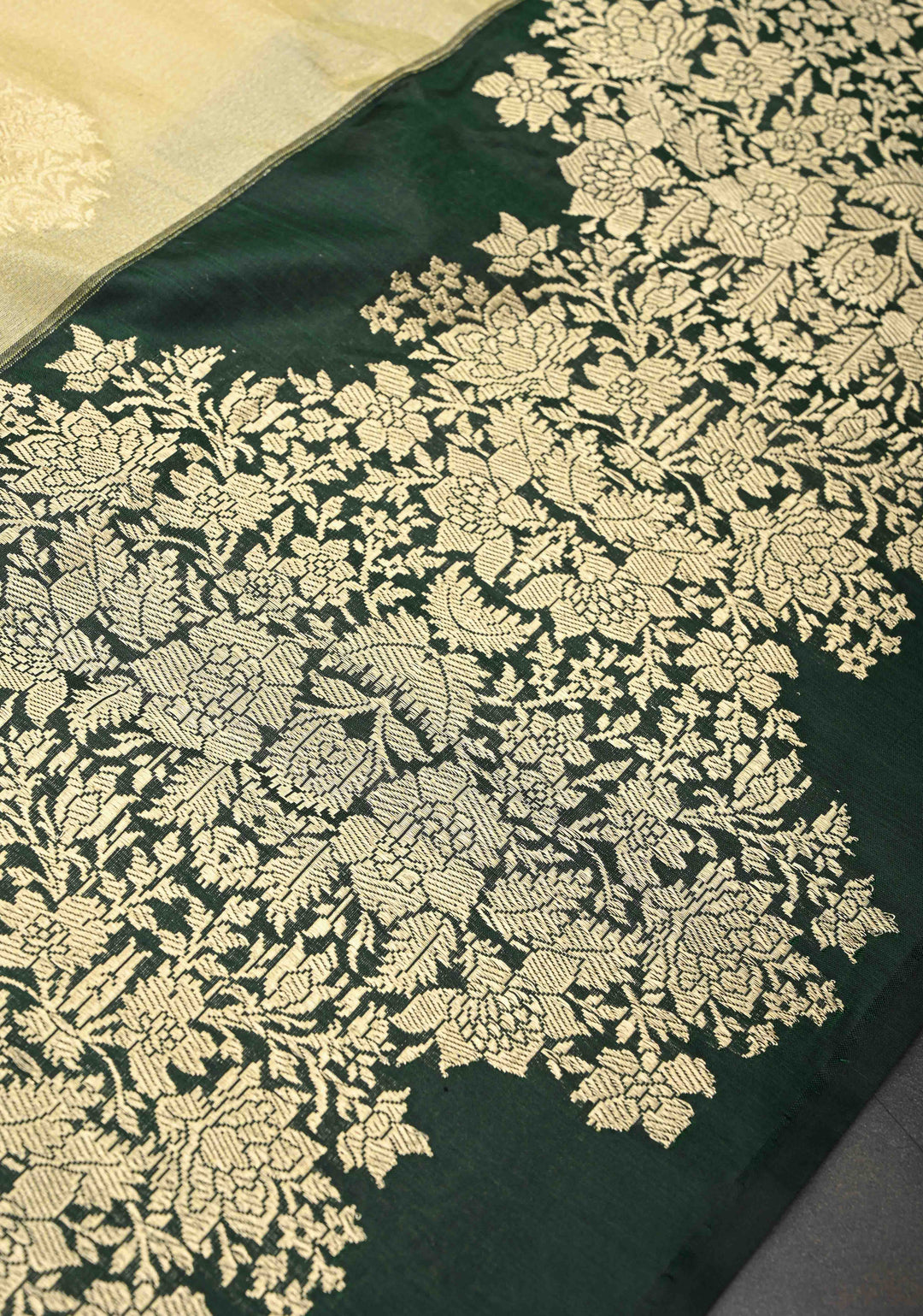 Cream Banarasi Katan Tissue Silk Saree with Zari Buttas and Contrast Wide Floral Kadhiyal Border | SILK MARK CERTIFIED