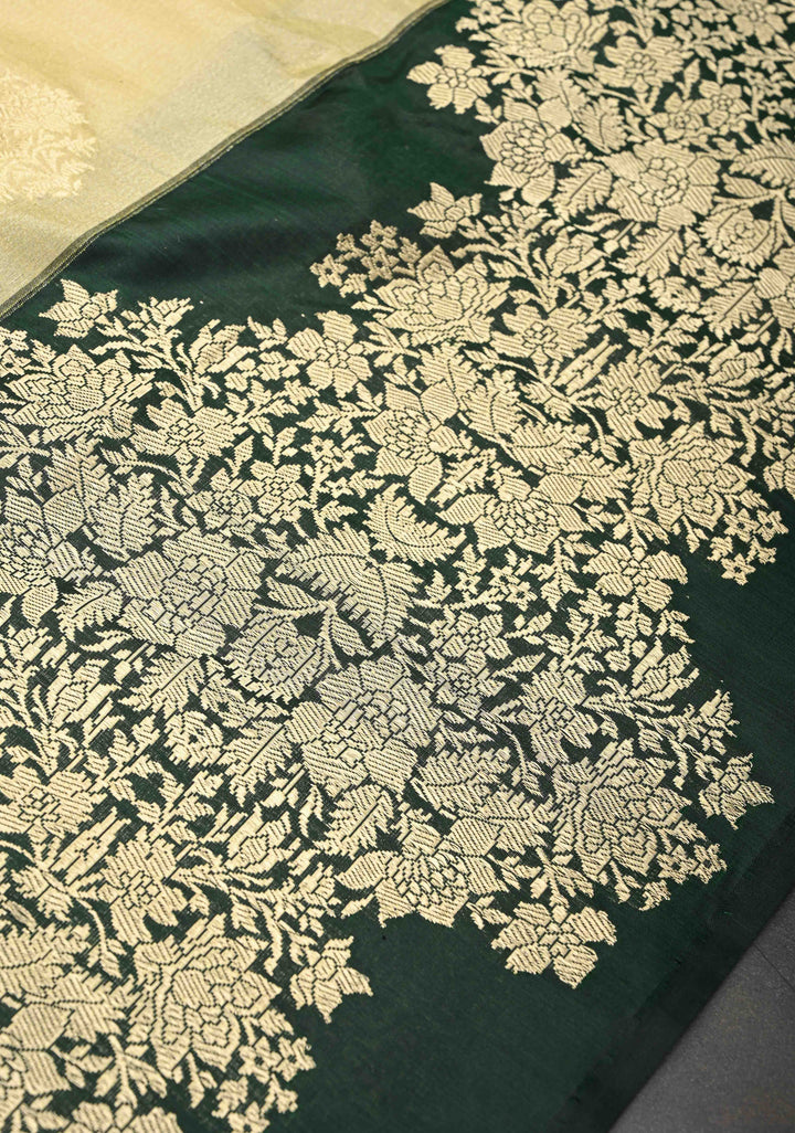 Cream Banarasi Katan Tissue Silk Saree with Zari Buttas and Contrast Wide Floral Kadhiyal Border | SILK MARK CERTIFIED