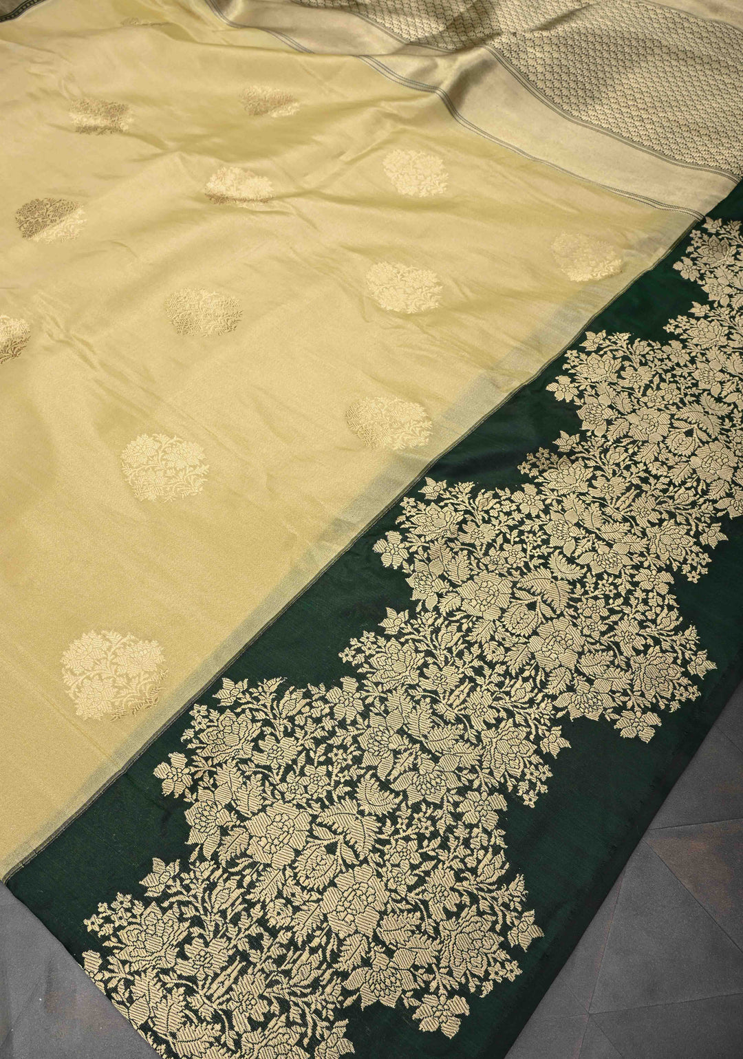 Cream Banarasi Katan Tissue Silk Saree with Zari Buttas and Contrast Wide Floral Kadhiyal Border | SILK MARK CERTIFIED