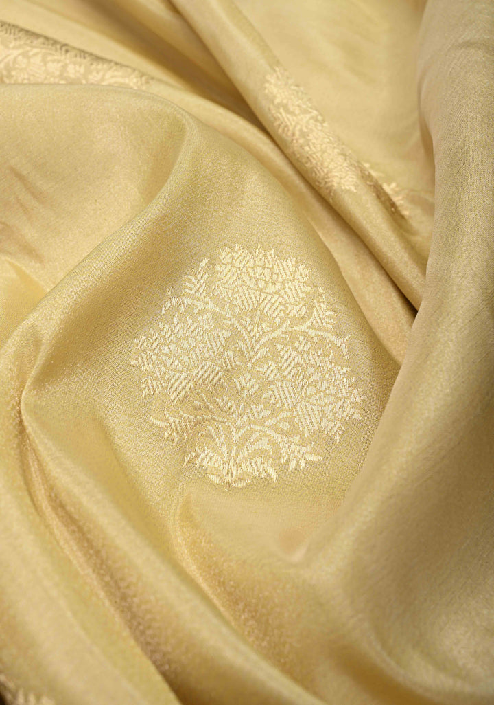 Cream Banarasi Katan Tissue Silk Saree with Zari Buttas and Contrast Wide Floral Kadhiyal Border | SILK MARK CERTIFIED
