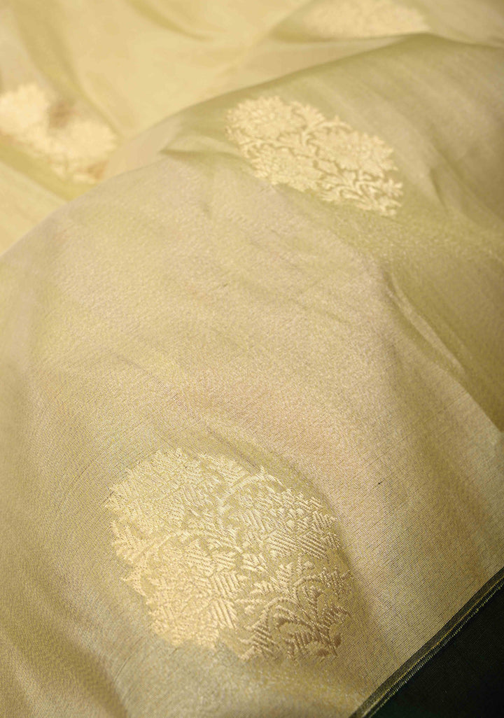 Cream Banarasi Katan Tissue Silk Saree with Zari Buttas and Contrast Wide Floral Kadhiyal Border | SILK MARK CERTIFIED
