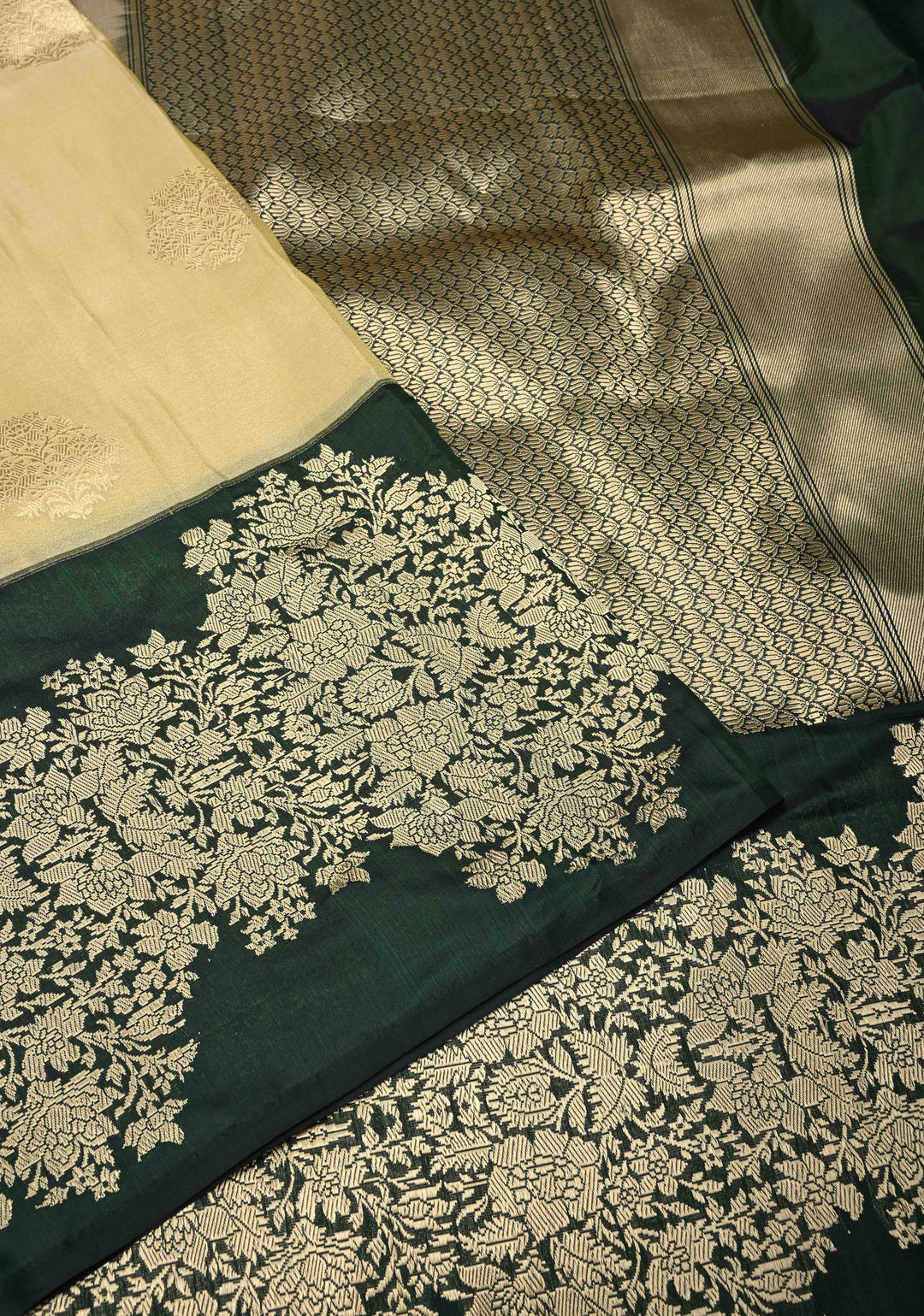 Cream Banarasi Katan Tissue Silk Saree with Zari Buttas and Contrast Wide Floral Kadhiyal Border | SILK MARK CERTIFIED