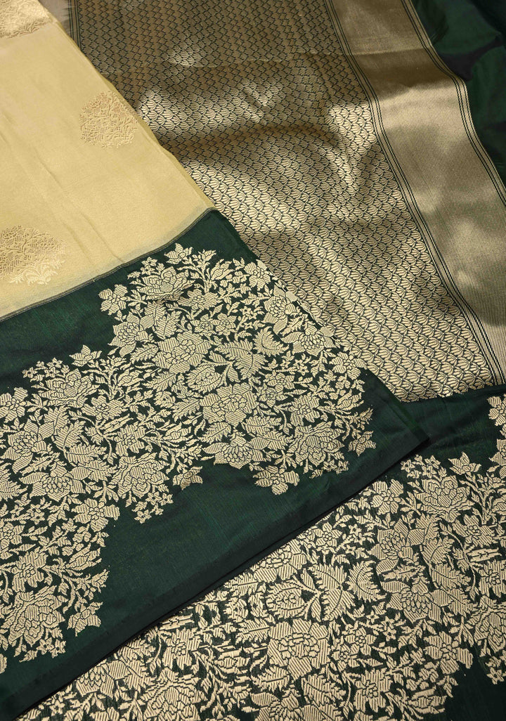 Cream Banarasi Katan Tissue Silk Saree with Zari Buttas and Contrast Wide Floral Kadhiyal Border | SILK MARK CERTIFIED