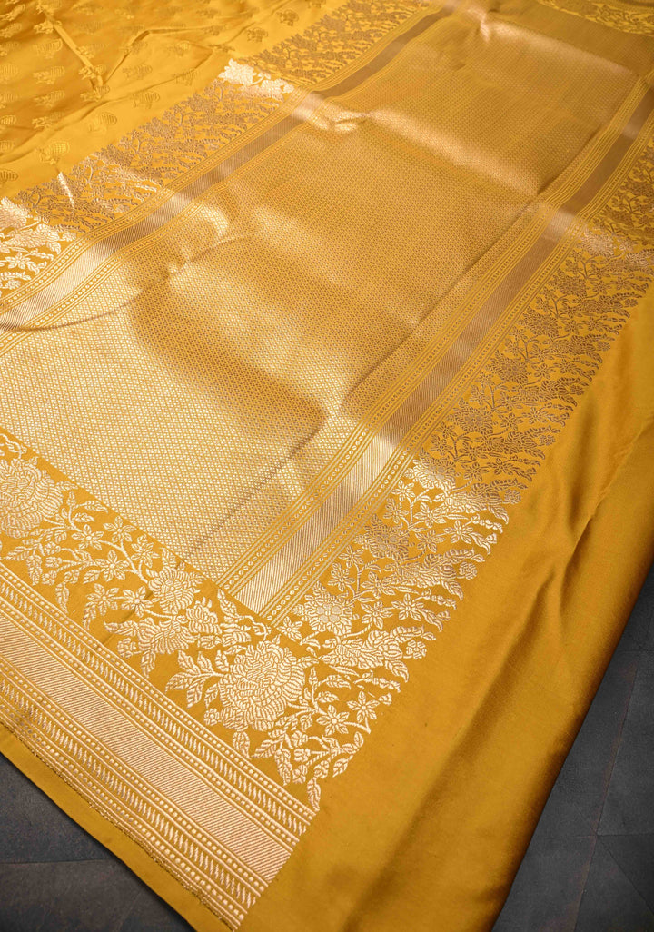 Yellow Tanchoi Floral Self Brocade Banarasi Silk Saree in Pure Silk Satin and Zari Border | SILK MARK CERTIFIED