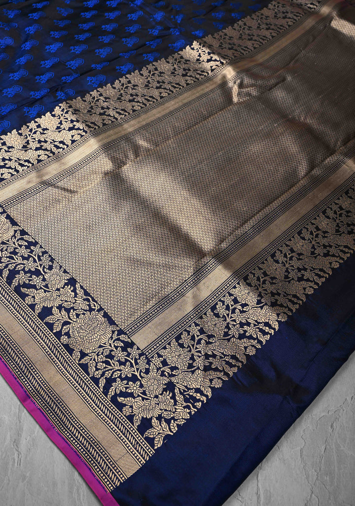 Exquisite Midnight Blue Tanchoi Banarasi Silk Saree in Pure Mashru Silk Meenakari Floral Brocade and Zari Border | SILK MARK CERTIFIED