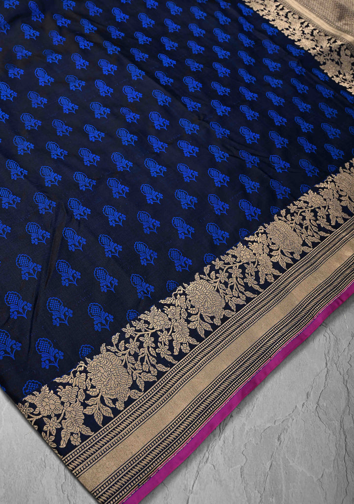 Exquisite Midnight Blue Tanchoi Banarasi Silk Saree in Pure Mashru Silk Meenakari Floral Brocade and Zari Border | SILK MARK CERTIFIED