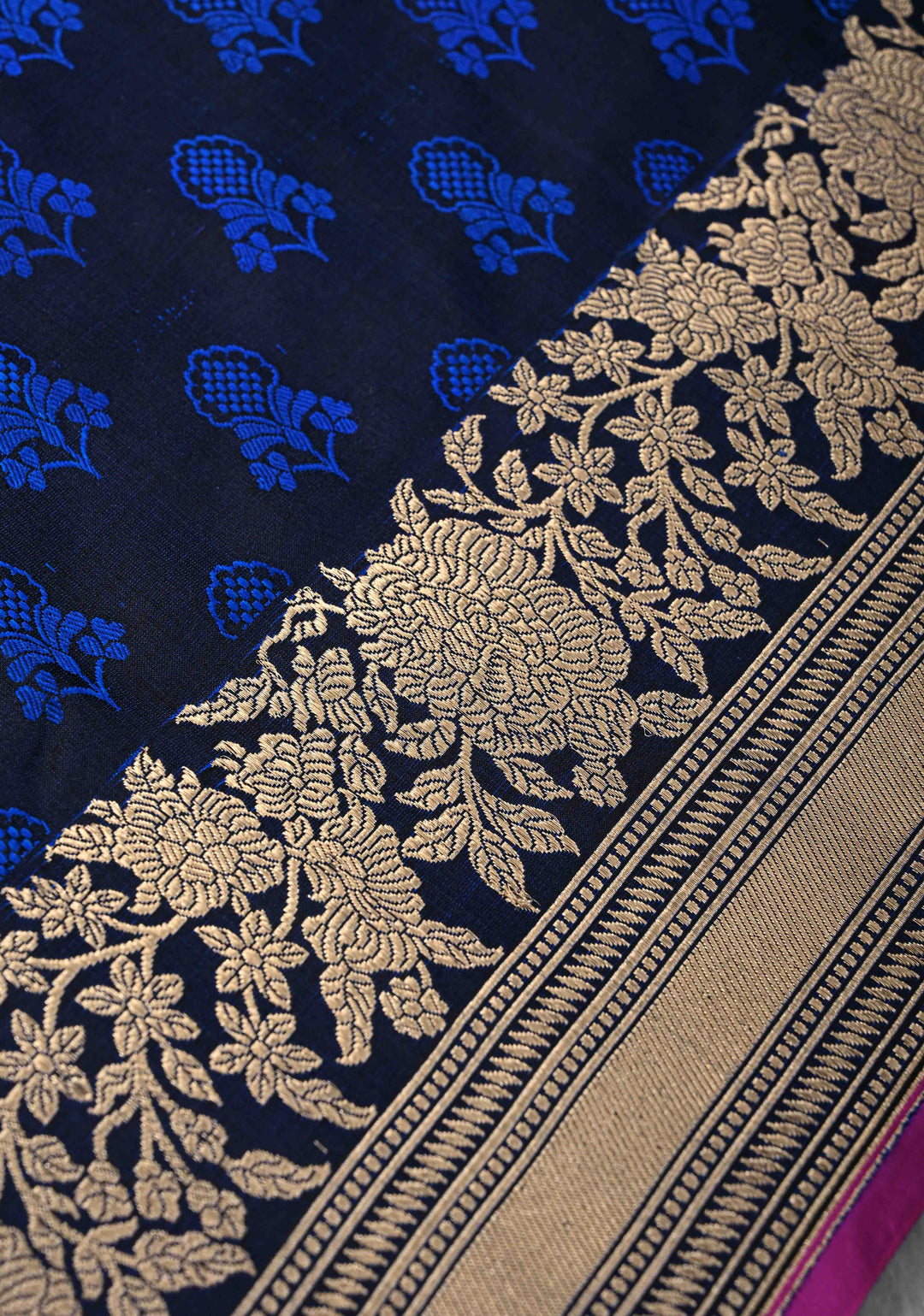 Exquisite Midnight Blue Tanchoi Banarasi Silk Saree in Pure Mashru Silk Meenakari Floral Brocade and Zari Border | SILK MARK CERTIFIED