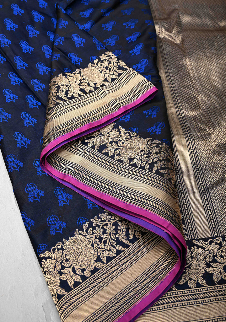 Exquisite Midnight Blue Tanchoi Banarasi Silk Saree in Pure Mashru Silk Meenakari Floral Brocade and Zari Border | SILK MARK CERTIFIED