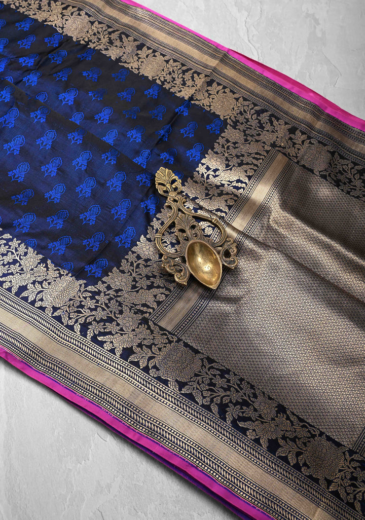 Exquisite Midnight Blue Tanchoi Banarasi Silk Saree in Pure Mashru Silk Meenakari Floral Brocade and Zari Border | SILK MARK CERTIFIED
