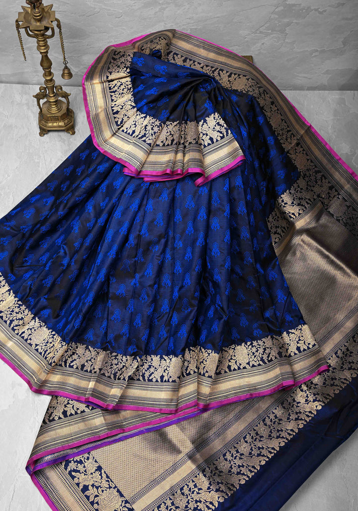 Exquisite Midnight Blue Tanchoi Banarasi Silk Saree in Pure Mashru Silk Meenakari Floral Brocade and Zari Border | SILK MARK CERTIFIED