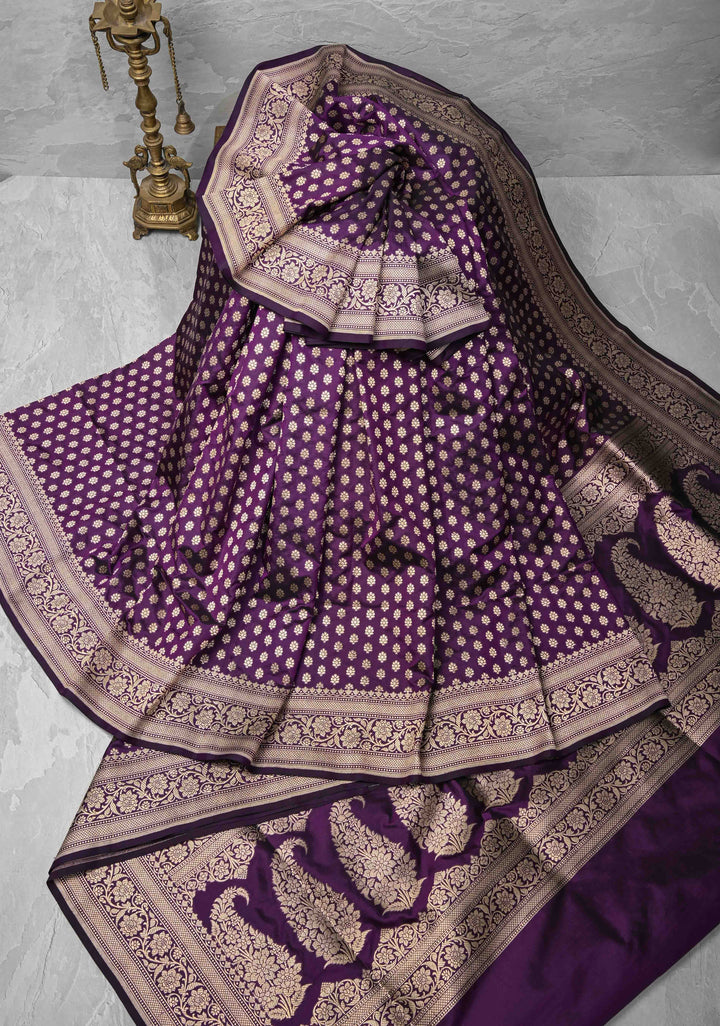 Purple Pure Banarasi Katan Silk Saree with Floral Buttis and Zari Border | SILK MARK CERTIFIED