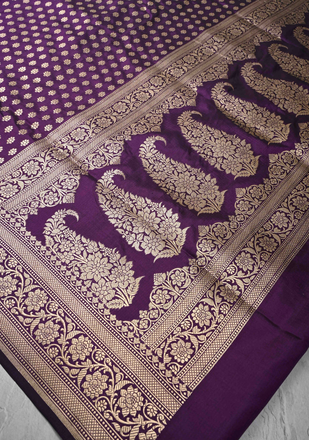 Purple Pure Banarasi Katan Silk Saree with Floral Buttis and Zari Border | SILK MARK CERTIFIED