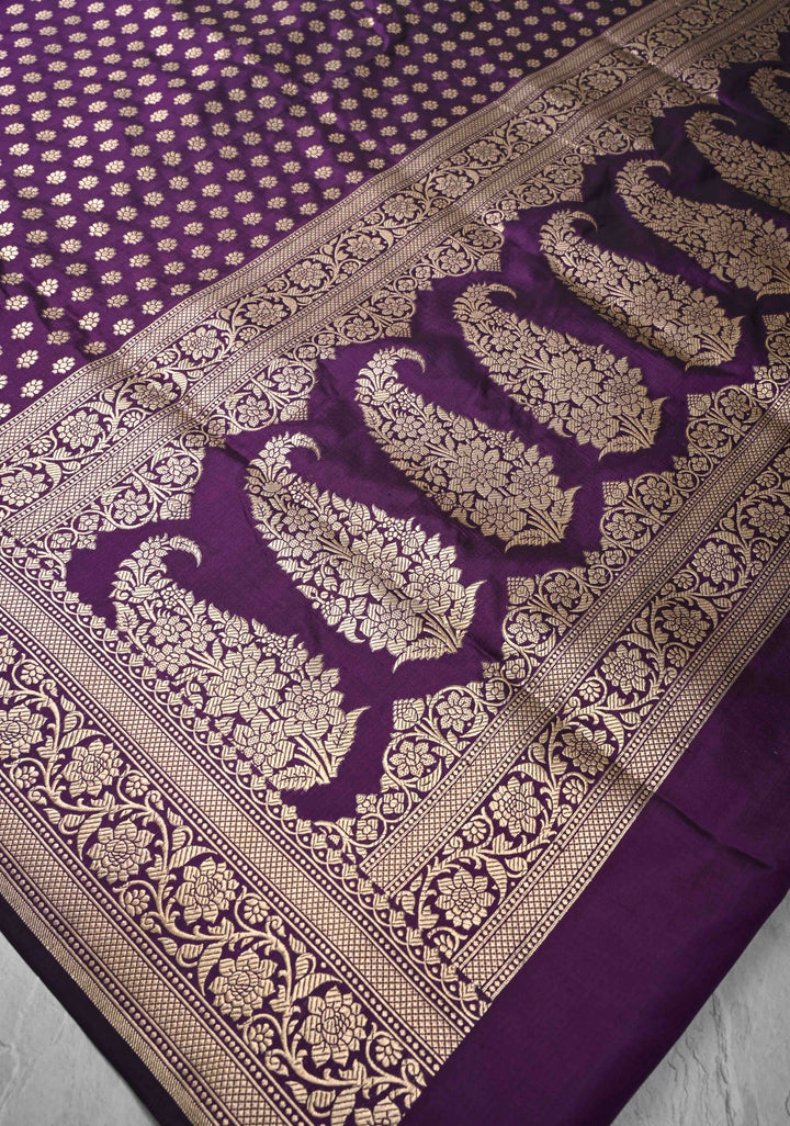 Purple Pure Banarasi Katan Silk Saree with Floral Buttis and Zari Border | SILK MARK CERTIFIED