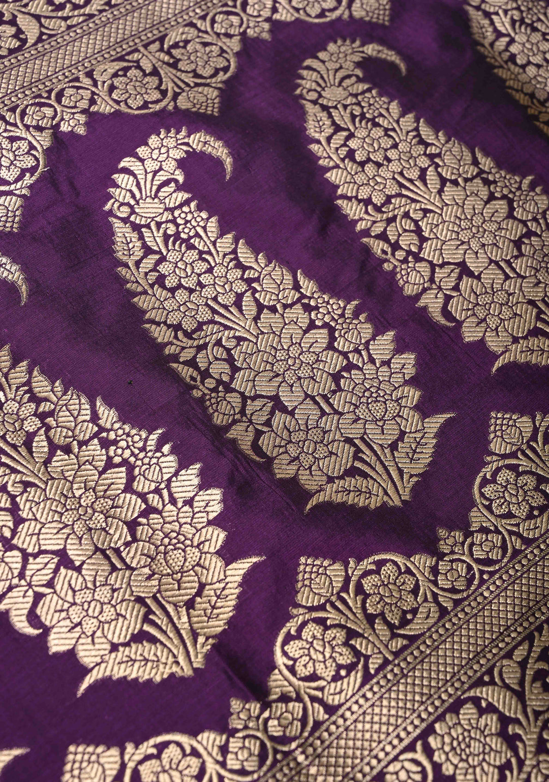 Purple Pure Banarasi Katan Silk Saree with Floral Buttis and Zari Border | SILK MARK CERTIFIED