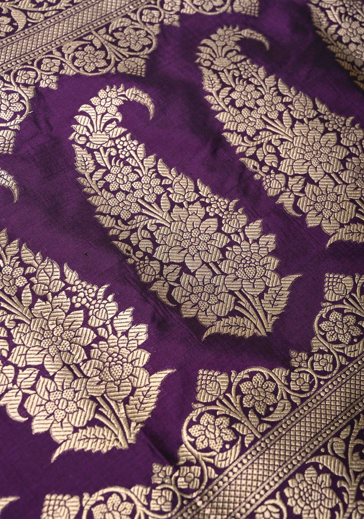 Purple Pure Banarasi Katan Silk Saree with Floral Buttis and Zari Border | SILK MARK CERTIFIED