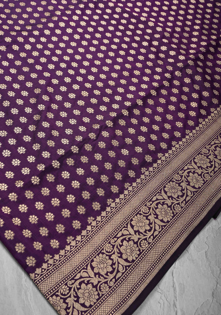 Purple Pure Banarasi Katan Silk Saree with Floral Buttis and Zari Border | SILK MARK CERTIFIED