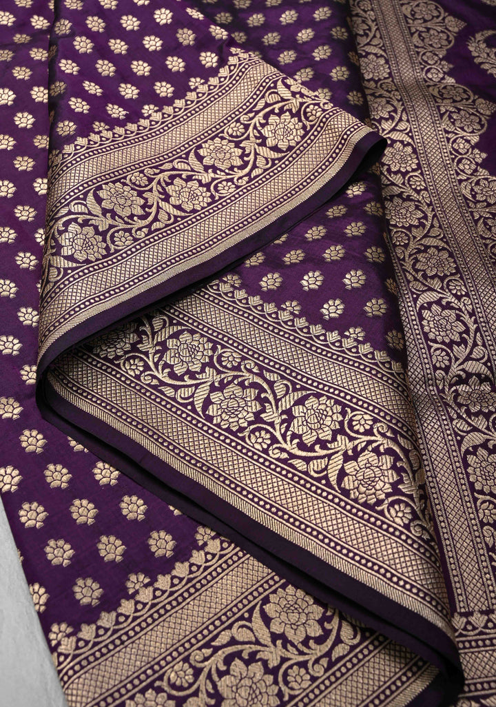Purple Pure Banarasi Katan Silk Saree with Floral Buttis and Zari Border | SILK MARK CERTIFIED