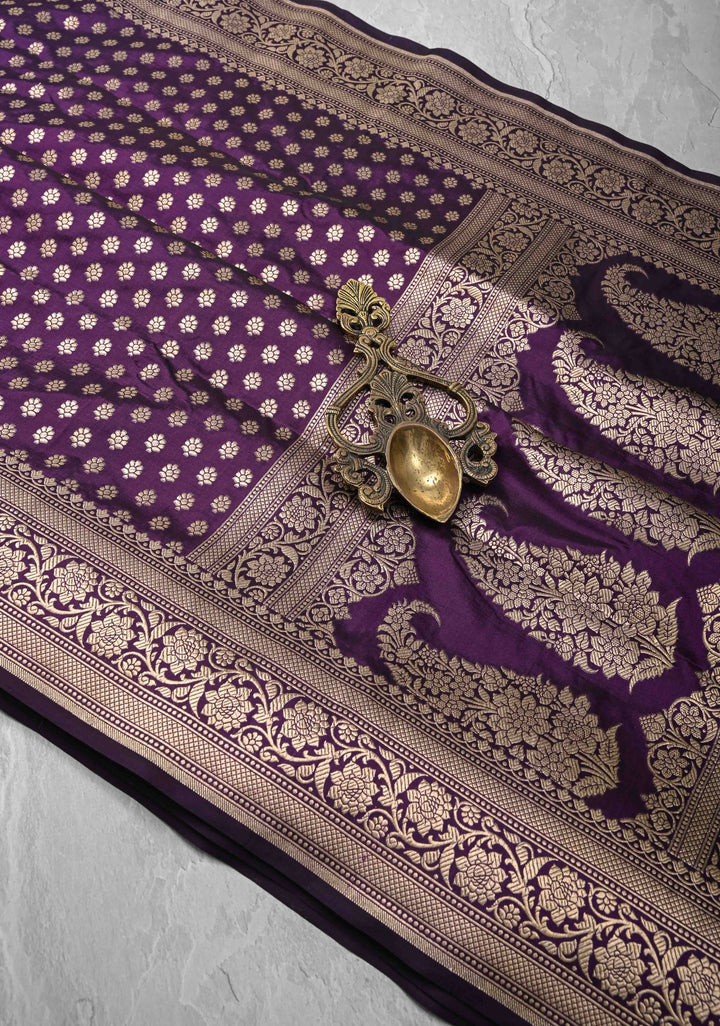 Purple Pure Banarasi Katan Silk Saree with Floral Buttis and Zari Border | SILK MARK CERTIFIED