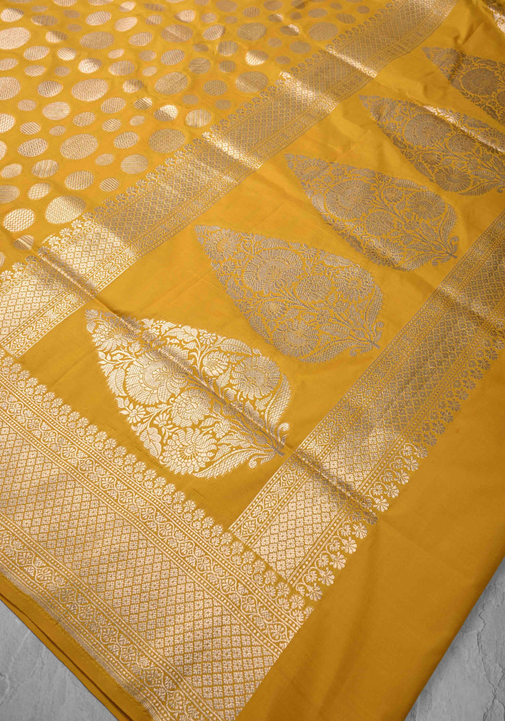 Yellow Pure Banarasi Katan Silk Saree with Geometric Brocade and Zari Border | SILK MARK CERTIFIED