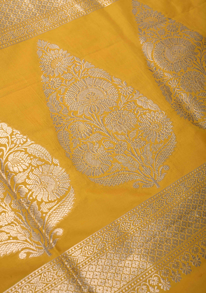 Yellow Pure Banarasi Katan Silk Saree with Geometric Brocade and Zari Border | SILK MARK CERTIFIED