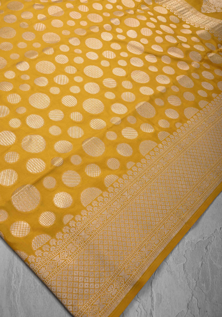 Yellow Pure Banarasi Katan Silk Saree with Geometric Brocade and Zari Border | SILK MARK CERTIFIED