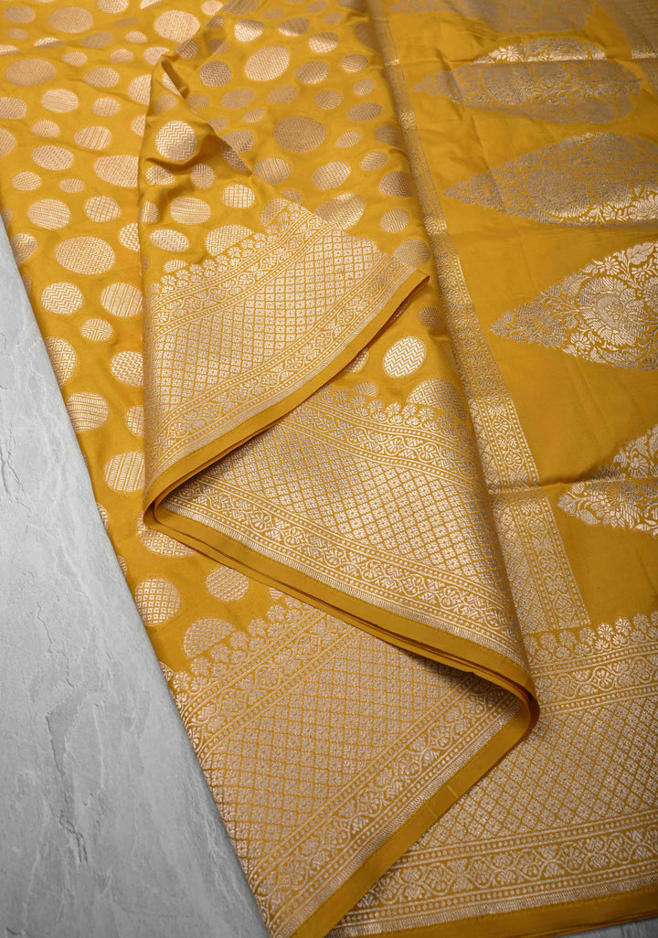 Yellow Pure Banarasi Katan Silk Saree with Geometric Brocade and Zari Border | SILK MARK CERTIFIED