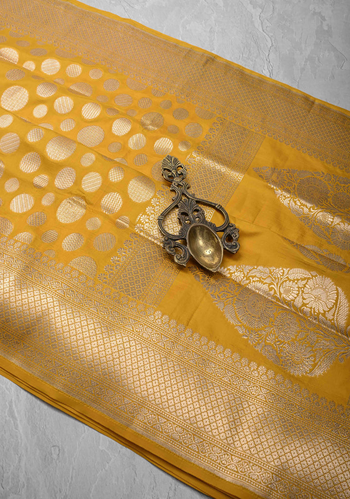 Yellow Pure Banarasi Katan Silk Saree with Geometric Brocade and Zari Border | SILK MARK CERTIFIED
