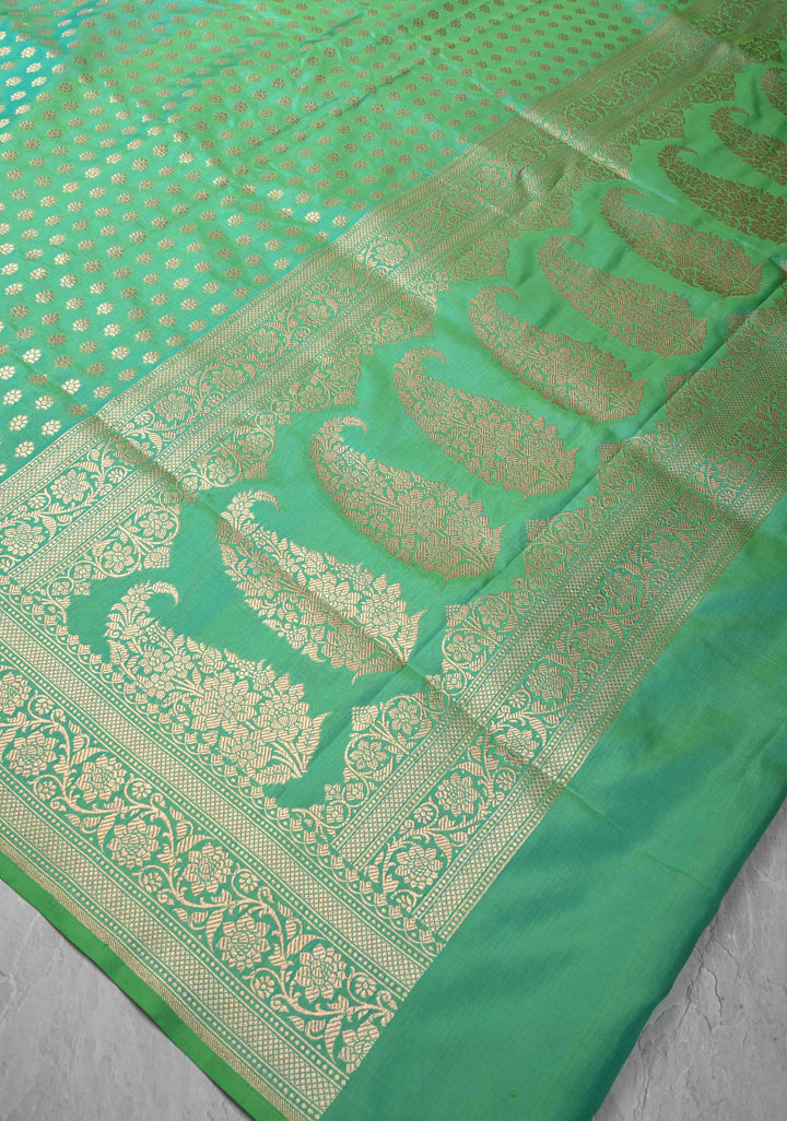 Sea Green Dual tone Pure Banarasi Katan Silk Saree with Floral Buttis and Zari Border | SILK MARK CERTIFIED