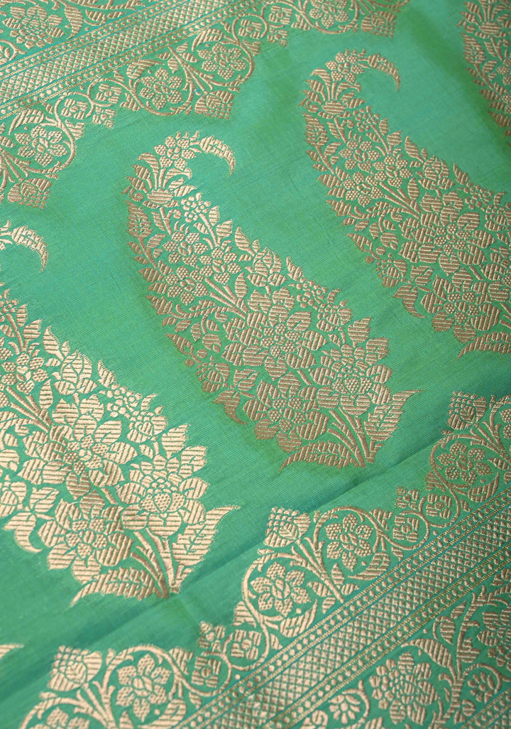 Sea Green Dual tone Pure Banarasi Katan Silk Saree with Floral Buttis and Zari Border | SILK MARK CERTIFIED