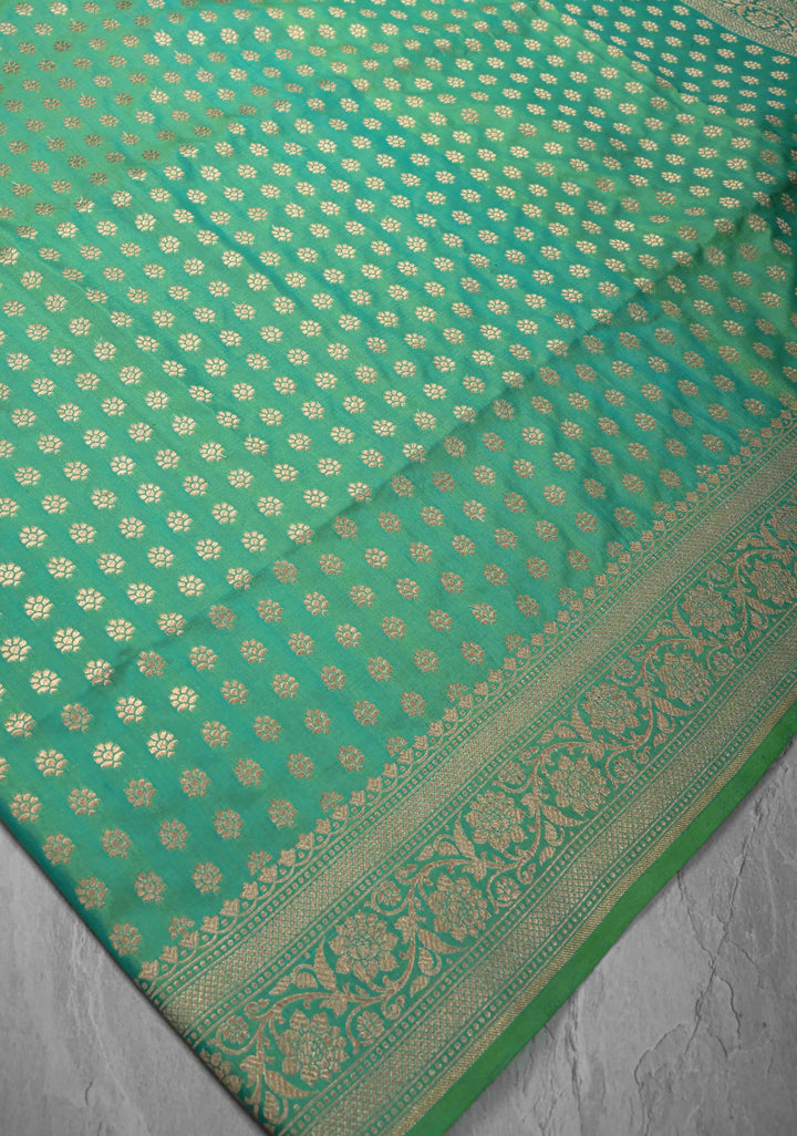 Sea Green Dual tone Pure Banarasi Katan Silk Saree with Floral Buttis and Zari Border | SILK MARK CERTIFIED