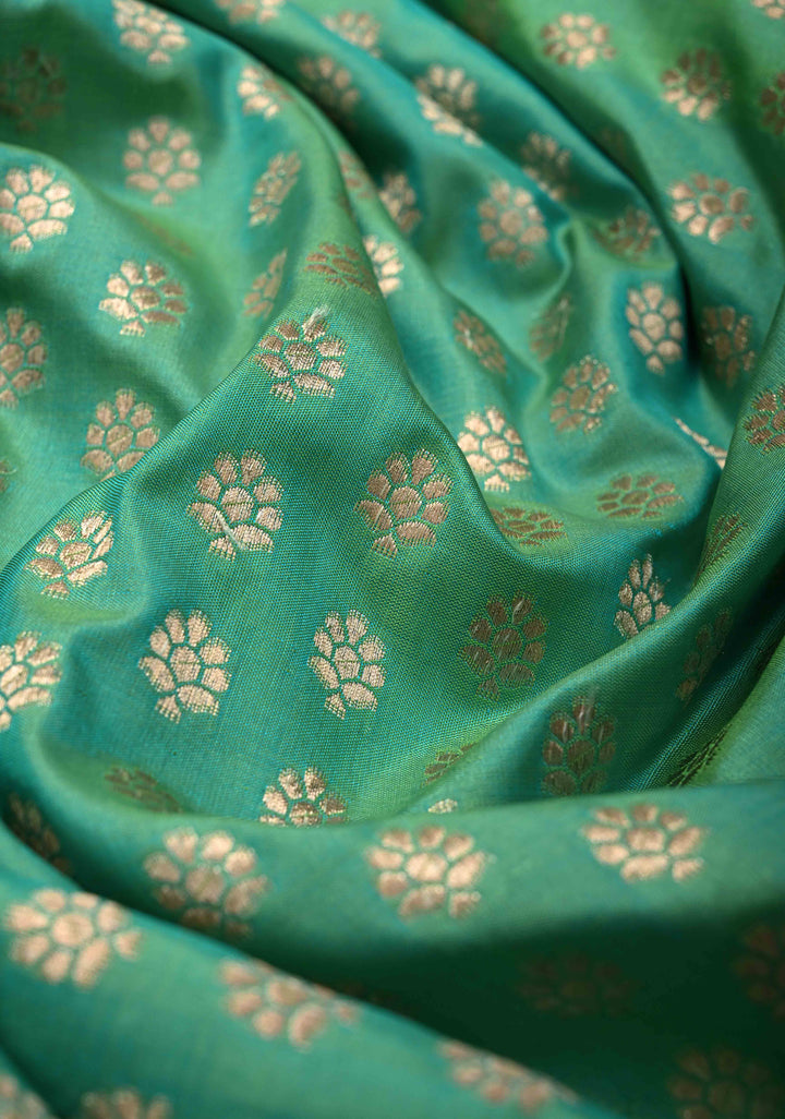 Sea Green Dual tone Pure Banarasi Katan Silk Saree with Floral Buttis and Zari Border | SILK MARK CERTIFIED