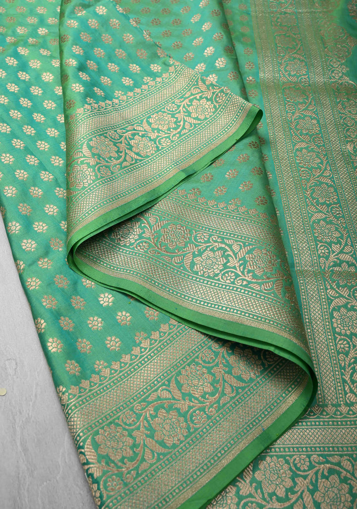 Sea Green Dual tone Pure Banarasi Katan Silk Saree with Floral Buttis and Zari Border | SILK MARK CERTIFIED