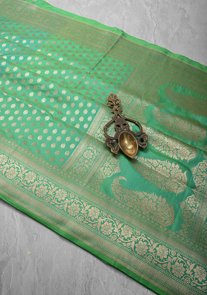 Sea Green Dual tone Pure Banarasi Katan Silk Saree with Floral Buttis and Zari Border | SILK MARK CERTIFIED