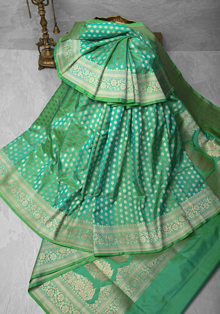 Sea Green Dual tone Pure Banarasi Katan Silk Saree with Floral Buttis and Zari Border | SILK MARK CERTIFIED