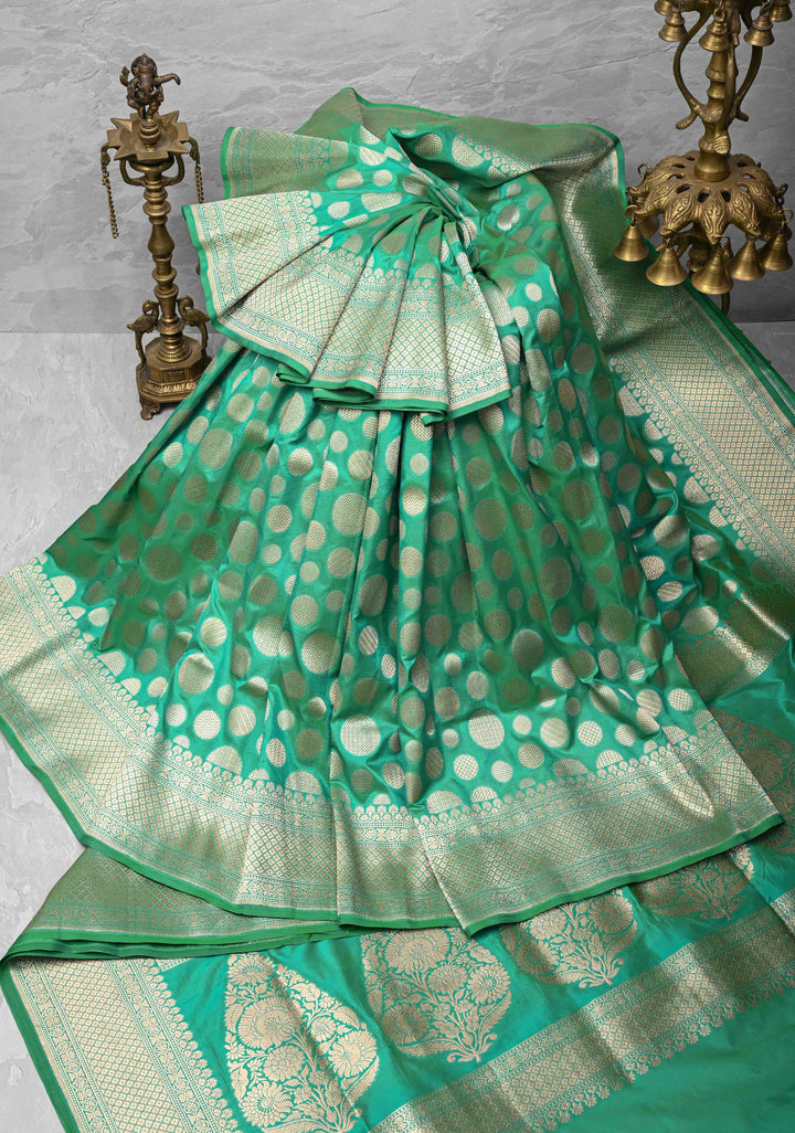 Sea Green Pure Banarasi Katan Silk Saree with Geometric Brocade and Zari Border | SILK MARK CERTIFIED