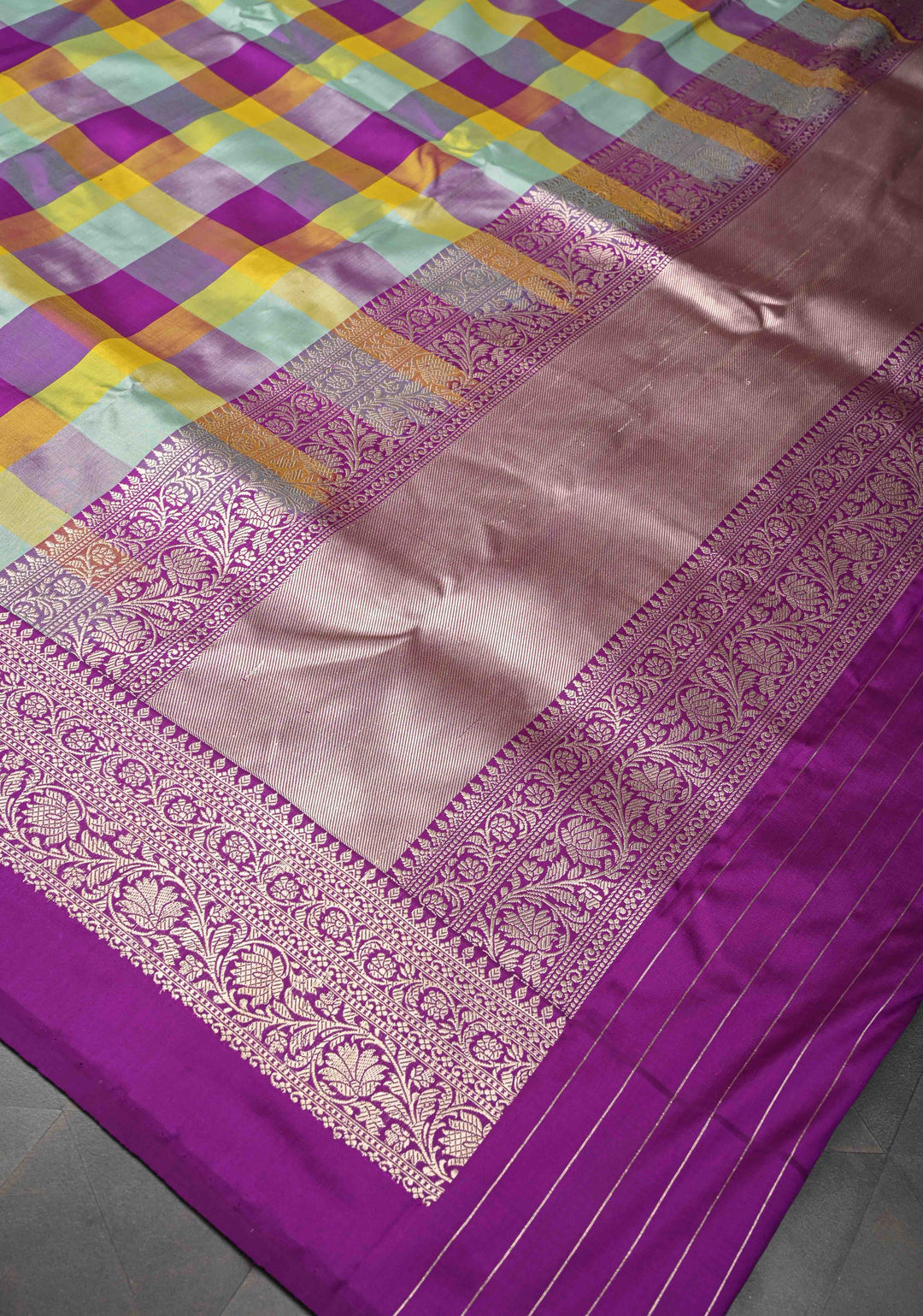 Exquisite Multicolor Banarasi Katan Silk Saree with Checks and Kanjivaram Style Borders | SILK MARK CERTIFIED