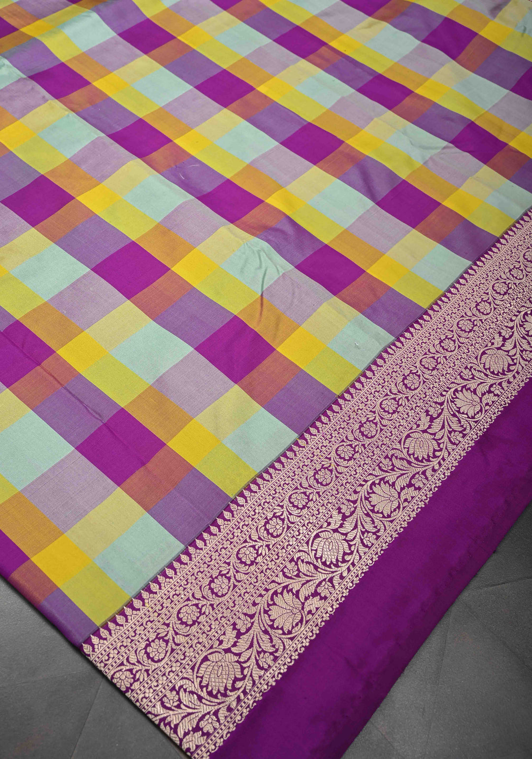 Exquisite Multicolor Banarasi Katan Silk Saree with Checks and Kanjivaram Style Borders | SILK MARK CERTIFIED