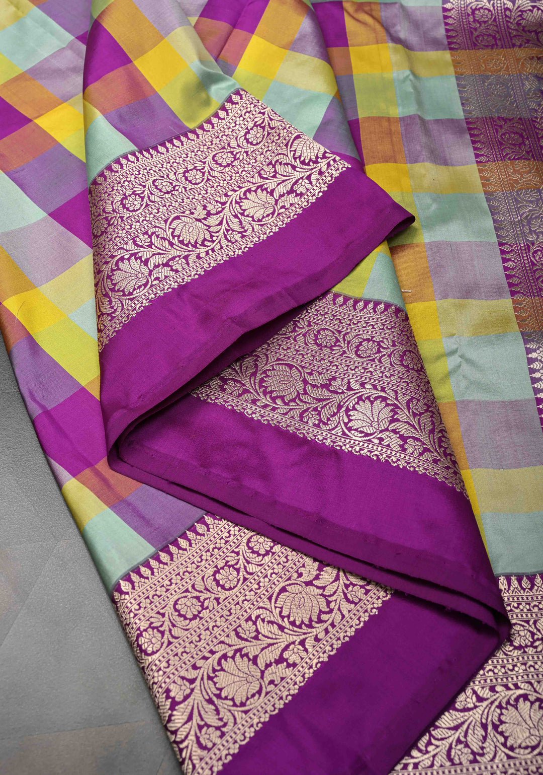Exquisite Multicolor Banarasi Katan Silk Saree with Checks and Kanjivaram Style Borders | SILK MARK CERTIFIED